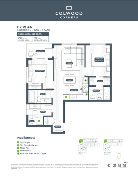 Floor plan for 2 beds, 2 baths, 790 sqft